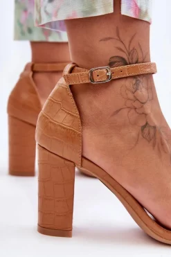 Hot Boto Sandałki Na Słupku Wężowy Wzór Brązowe Hacia