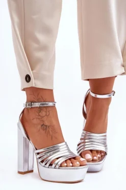 Boto Sandały Na Słupku|Sandały Na Obcasie*Sandałki Na Wysokim Słupku Srebrne Maya