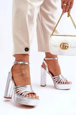 Boto Sandały Na Słupku|Sandały Na Obcasie*Sandałki Na Wysokim Słupku Srebrne Maya