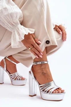 Boto Sandały Na Słupku|Sandały Na Obcasie*Sandałki Na Wysokim Słupku Srebrne Maya
