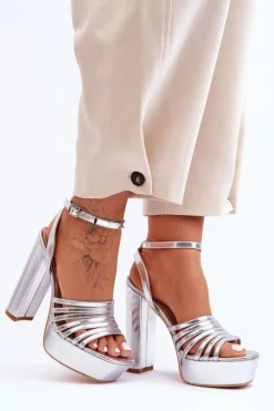 Boto Sandały Na Słupku|Sandały Na Obcasie*Sandałki Na Wysokim Słupku Srebrne Maya