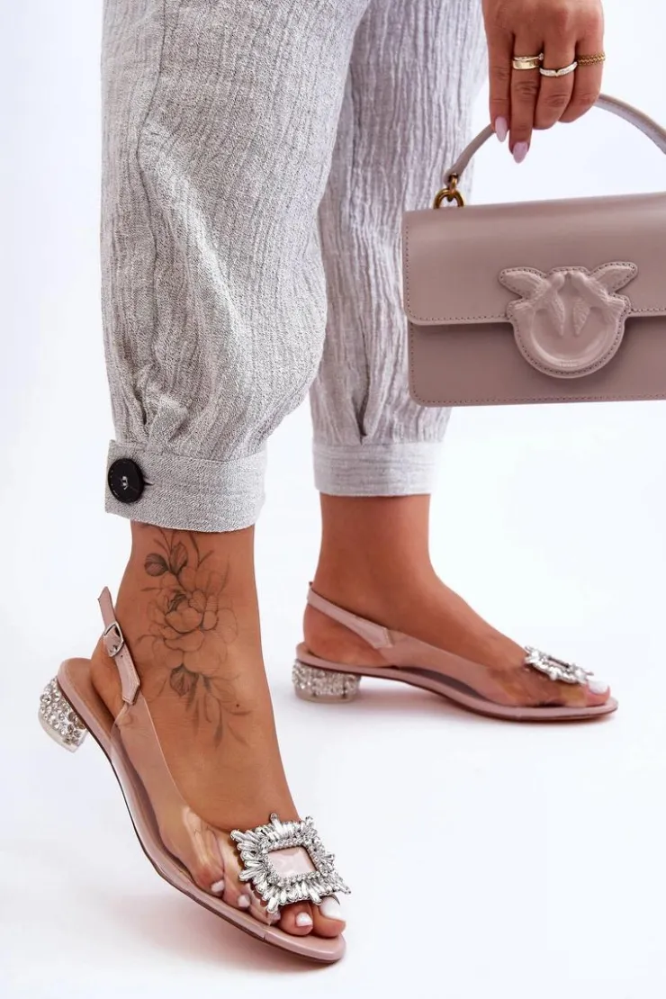 Damskie buty S.Barski Sandały Na Obcasie*Sandałki Transparentne z Ozdobami Różowe S.Barski MR1037-05