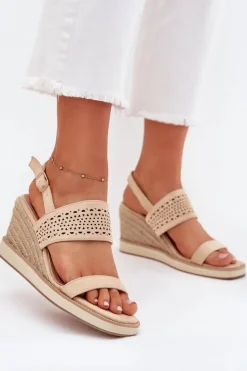 Boto Sandały Na Koturnie*Sandały Damskie Ażurowe Na Koturnie Z Plecionką Beżowe Zolira