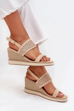 Boto Sandały Na Koturnie*Sandały Damskie Ażurowe Na Koturnie Z Plecionką Beżowe Zolira