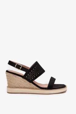 Damskie Boto Sandały Damskie Ażurowe Na Koturnie Z Plecionką Czarne Zolira