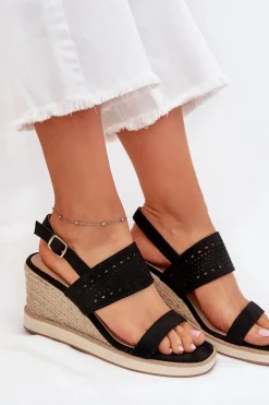 Damskie Boto Sandały Damskie Ażurowe Na Koturnie Z Plecionką Czarne Zolira