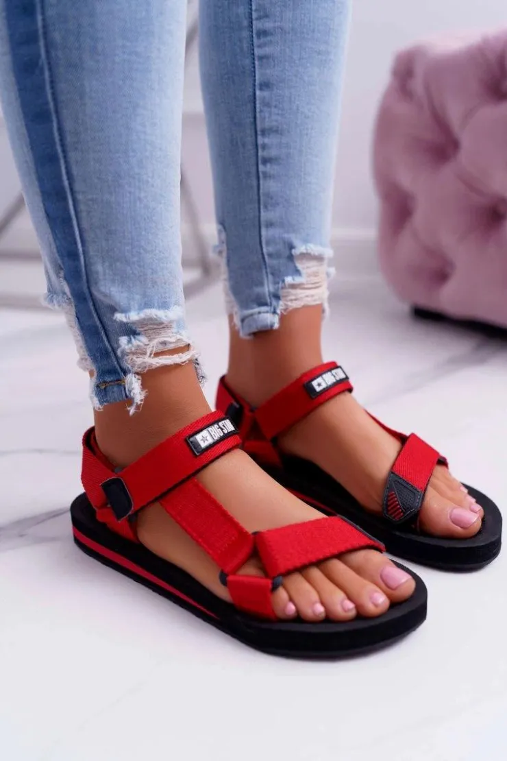 Big Star Shoes Sandały Big Star|Sandały Płaskie*Sandały Damskie Big Star Na Rzepy Czerwone DD274A284