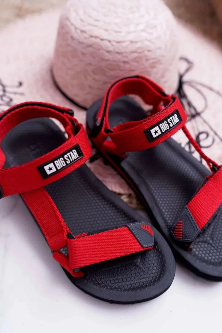 Big Star Shoes Sandały Big Star|Sandały Płaskie*Sandały Damskie Big Star Na Rzepy Czerwone DD274A284