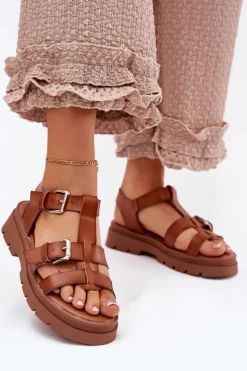 Boto Sandały Płaskie*Sandały Damskie Eko Skórzane Z Klamrami Camel Jeneliena Brązowy