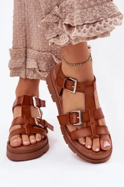 Boto Sandały Płaskie*Sandały Damskie Eko Skórzane Z Klamrami Camel Jeneliena Brązowy