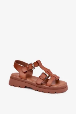 Boto Sandały Płaskie*Sandały Damskie Eko Skórzane Z Klamrami Camel Jeneliena Brązowy