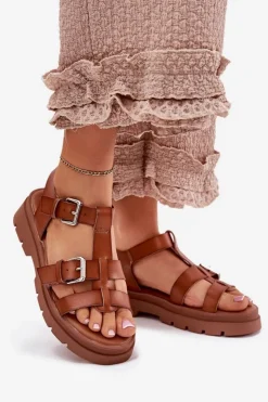 Boto Sandały Płaskie*Sandały Damskie Eko Skórzane Z Klamrami Camel Jeneliena Brązowy