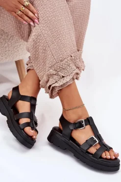 Damskie Boto Sandały Damskie Eko Skórzane Z Klamrami Czarne Jeneliena