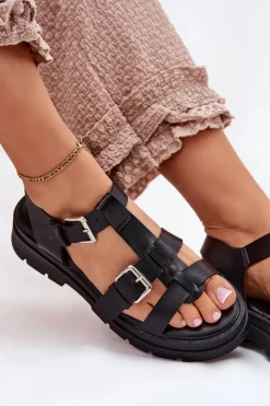 Damskie Boto Sandały Damskie Eko Skórzane Z Klamrami Czarne Jeneliena