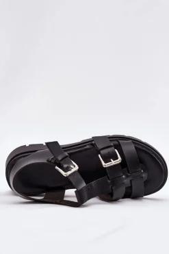 Damskie Boto Sandały Damskie Eko Skórzane Z Klamrami Czarne Jeneliena