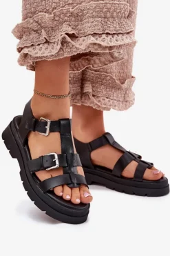 Damskie Boto Sandały Damskie Eko Skórzane Z Klamrami Czarne Jeneliena