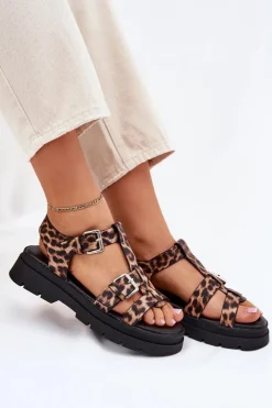 Clearance Boto Sandały Damskie Eko Skórzane Z Klamrami Panterka Jeneliena Brązowy
