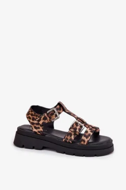 Clearance Boto Sandały Damskie Eko Skórzane Z Klamrami Panterka Jeneliena Brązowy