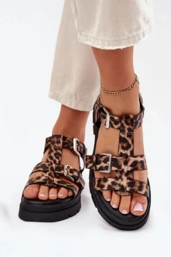 Clearance Boto Sandały Damskie Eko Skórzane Z Klamrami Panterka Jeneliena Brązowy