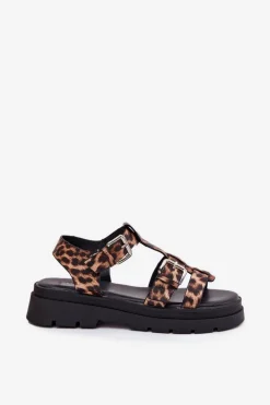 Clearance Boto Sandały Damskie Eko Skórzane Z Klamrami Panterka Jeneliena Brązowy