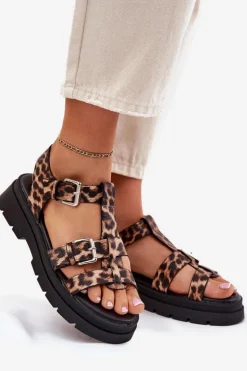 Clearance Boto Sandały Damskie Eko Skórzane Z Klamrami Panterka Jeneliena Brązowy