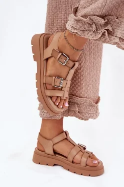 Boto Sandały Płaskie*Sandały Damskie Eko Skórzane Z Klamrami Khaki Jeneliena