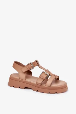 Boto Sandały Płaskie*Sandały Damskie Eko Skórzane Z Klamrami Khaki Jeneliena