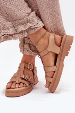 Boto Sandały Płaskie*Sandały Damskie Eko Skórzane Z Klamrami Khaki Jeneliena