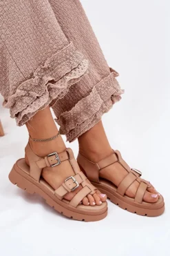 Boto Sandały Płaskie*Sandały Damskie Eko Skórzane Z Klamrami Khaki Jeneliena