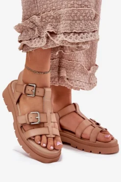 Boto Sandały Płaskie*Sandały Damskie Eko Skórzane Z Klamrami Khaki Jeneliena