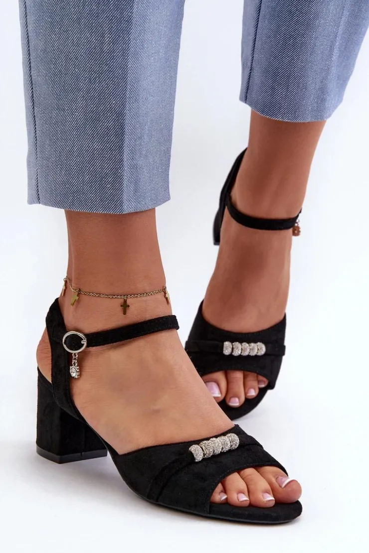 Outlet Buty damskie Vinceza Sandały Damskie Eko Zamszowe Na Słupku Z Ozdobami Czarne Narhi Czarny