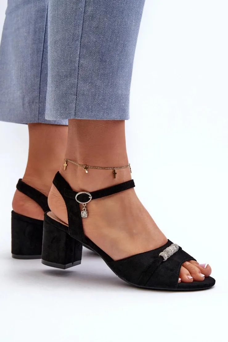 Outlet Buty damskie Vinceza Sandały Damskie Eko Zamszowe Na Słupku Z Ozdobami Czarne Narhi Czarny