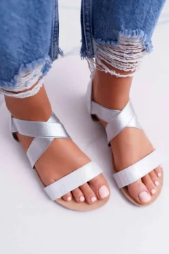 Boto Sandały Płaskie*Sandały Damskie Eleganckie Srebrne Carme