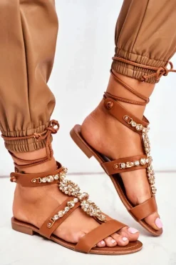 Boto Sandały Płaskie*Sandały Damskie Gladiatorki Z Kryształkami Camel Hype