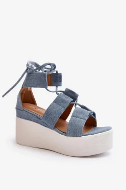 Damskie Boto Sandały Damskie Jeansowe Wiązane Niebieskie Helavi