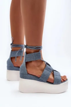 Damskie Boto Sandały Damskie Jeansowe Wiązane Niebieskie Helavi