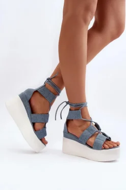 Damskie Boto Sandały Damskie Jeansowe Wiązane Niebieskie Helavi