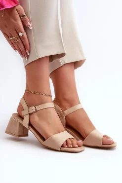 New Evento Sandały Damskie Na Klocku Z Eko Zamszu Beżowe Leisha