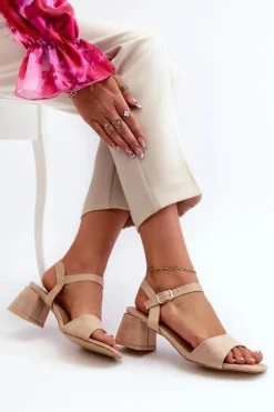 New Evento Sandały Damskie Na Klocku Z Eko Zamszu Beżowe Leisha