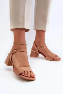 Damskie Evento Sandały Damskie Na Klocku Z Eko Zamszu Camel Leisha