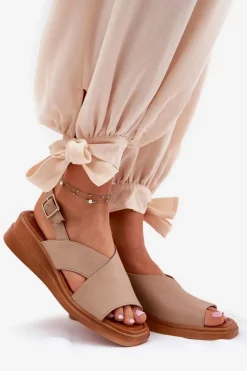 Damskie Boto Sandały Damskie Na Koturnie Z Eko Skóry Beżowe Quilara