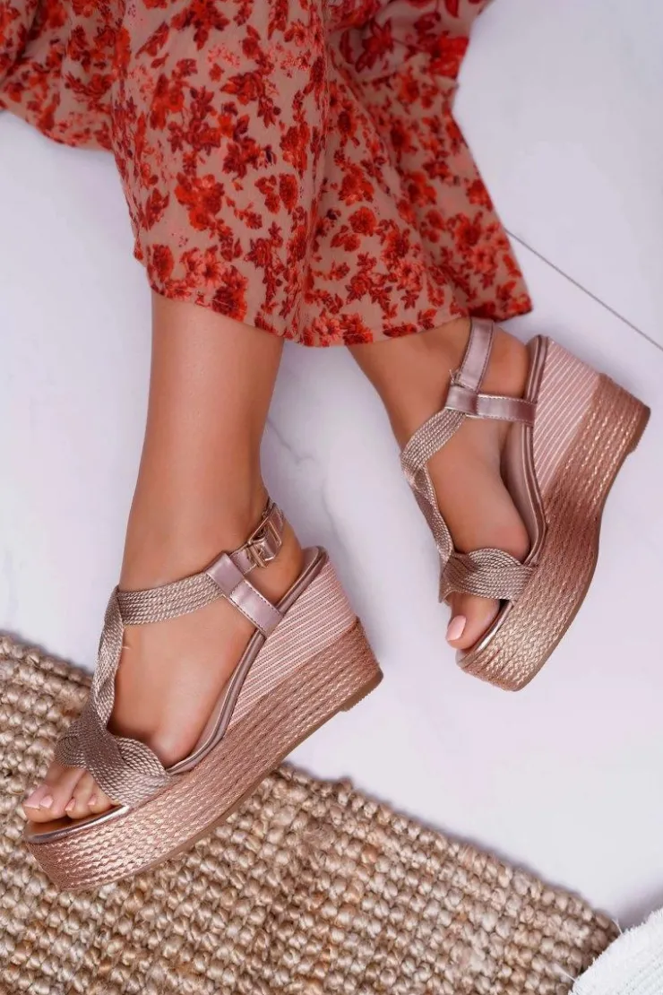 Damskie Boto Sandały Damskie Na Koturnie Sznurek Champagne Larone