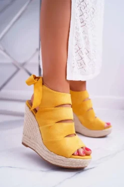 Outlet Boto Sandały Damskie Na Koturnie Lniane Wiązane Żółte Cantare