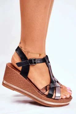 New Evento Sandały Damskie Na Koturnie Czarne Skóra Węża Enroll