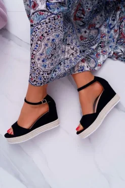 Damskie Boto Sandały Damskie Na Koturnie Platformie Zamszowe Czarne Delima