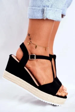 Boto Sandały Na Koturnie*Sandały Damskie Na Koturnie Czarne Papillon