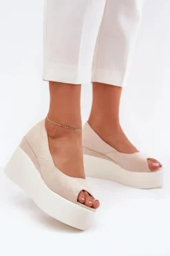 Damskie Boto Sandały Damskie Na Koturnie I Platformie Jasnobeżowe Felyra