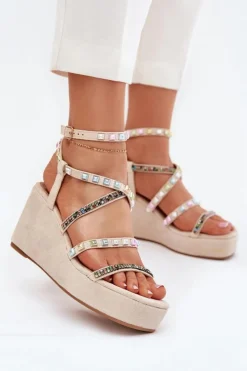 Boto Sandały Na Koturnie*Sandały Damskie Na Koturnie Ze Zdobieniem Na Paskach Beżowe Lunara Beżowy