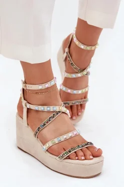 Boto Sandały Na Koturnie*Sandały Damskie Na Koturnie Ze Zdobieniem Na Paskach Beżowe Lunara Beżowy