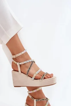 Boto Sandały Na Koturnie*Sandały Damskie Na Koturnie Ze Zdobieniem Na Paskach Beżowe Lunara Beżowy
